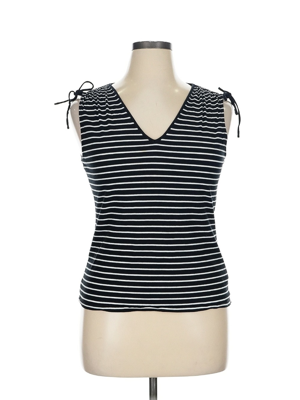 Lauren Ralph Lauren Black & White Striped V-Neck Tie-Shoulder Tank